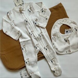 Kate Quinn Organic Cotton Baby Set 3–6M Footie Bib Swaddle NWT Puppy